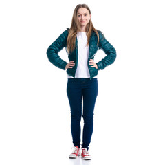 Woman in jeans and jacket standing on white background. Isolation © Kabardins photo