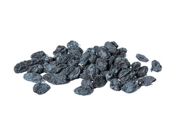 A bunch of black raisins on a white background.