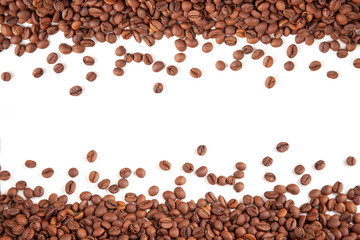 Textured brown coffee beans on a white background.