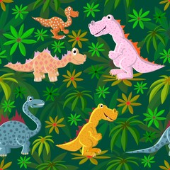 Colorful dinosaurs on the background of a wild prehistoric forest.