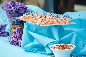 Gourmet appetizers for festive reception and high-end weddings on a blue background