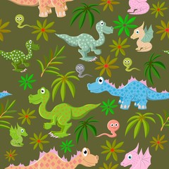 Colorful dinosaurs on the background of a wild prehistoric forest.