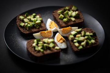 toast with avocado and egg on a black plate