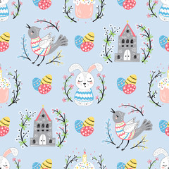 Easter Vector Seamless Pattern. Spring Background with Cartoon Cute Bunny, Catholic Church, Easter Cake, Painted Eggs and Bird with Flower and Willow Branches