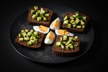 toast with avocado and egg on a black plate