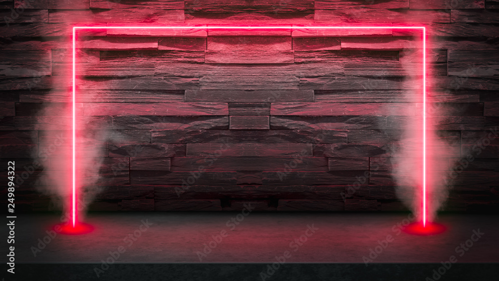 Canvas Prints empty dark stone table with red fluorescent neon laser lights in smoke. party and night club concept