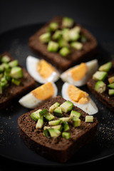 toast with avocado and egg on a black plate