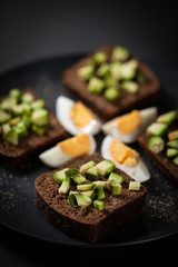 toast with avocado and egg on a black plate