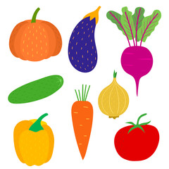 Set of decorative vegetables for kids book, print, decor. Autumn harvest.