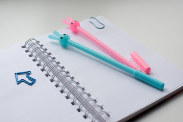 Top view of an open blank notebook with a blue and pink rabbit pen and funny kawaii clips