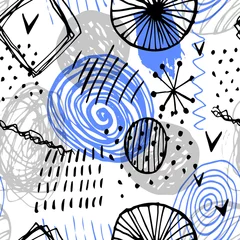  Prachtige vector naadloze patroon in eenvoudige Scandinavische stijl in zwarte, blauwe, grijze kleuren op witte achtergrond. Abstracte hand getrokken inktvormen. Herhalend behang. Trendy achtergrondontwerp. © Daina Lockie