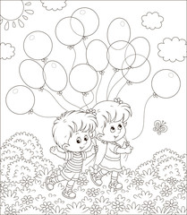 Children walking with balloons in a park on a sunny summer day, black and white vector illustration in a cartoon style for a coloring book