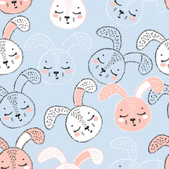 Cute Bunny Heads Blue Seamless Pattern. Easter Little Rabbit Faces Background for Kids. Cartoon Animal Vector Illustration. Baby Shower Scandinavian Design with Sleeping Hares