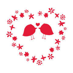 Beautiful romantic vector illustration with couple of birds in love and flower wreath for Valentine Day designs. Red hand drawn floral silhouette elements isolated on white background. Cute card.