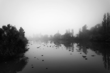 River landscape on a foggy winter day, Black and White Photo, Santarém, Portugal