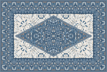 Vintage Arabic pattern. Persian colored carpet. Rich ornament for fabric design, handmade, interior decoration, textiles. Blue background. - 249899366