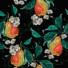 Embroidery pear fruits leaves seamless pattern. Botanical illustration. Fashion template for clothes, textiles and t-shirt design