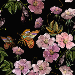Butterfly and wild pink flowers, embroidery seamless pattern. Fashion template for clothes, textiles and t-shirt design
