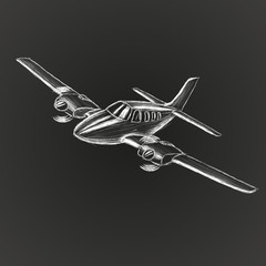 Fototapeta na wymiar Small plane vector sketch. Hand drawn twin engine propelled aircraft. Air tours wehicle silhouette.