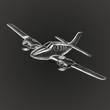 Small plane vector sketch. Hand drawn twin engine propelled aircraft. Air tours wehicle silhouette.