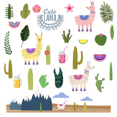 Set Lama Alpaca cacti drinks and decorative. Collection of elements for decoration, vector, illustration, isolated, cute style © hadeev