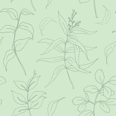 Sketch eucalyptus leaves seamless pattern. Hand painted illustration with eucalyptus leaves and branch isolated on pastel background for design, print or fabric.