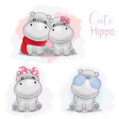 set cute cartoon hippo with ribbon, sun glasses and scarf