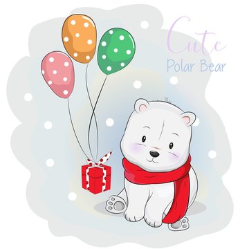 cute polar bear receiving a gift with balloon