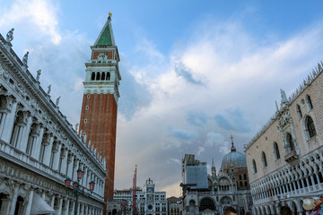 Fototapeta na wymiar Beautiful photograph of the area of ​​San Marco in Italy. Beautiful wonderful architecture in Venice. beautiful streets and sky with clouds. atmospheric photography for wallpapers and screensavers.