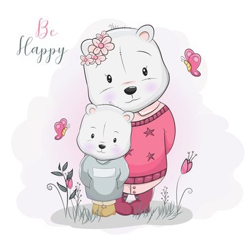 two cute cartoon bears in flower field