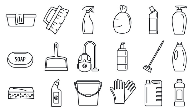 Commercial cleaner equipment icons set. Outline set of commercial cleaner equipment vector icons for web design isolated on white background