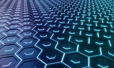 Fototapeta premium Glowing black and blue hexagons background pattern on silver metal surface 3D rendering