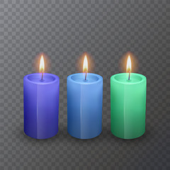 Realistic candles of bright colors, Burning candles on dark background, vector illustration