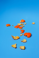 Tangerine peel. Citrus plant. Fruit waste. The peel of citrus fruits. Mandarin. Thin orange peel on...