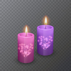 Obraz na płótnie Canvas Set of realistic candles of pink and violet colors with a shiny coating of hearts, suitable for a romantic dinner, candles burning and extinguished on a transparent background, vector illustration