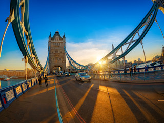 Wide view of beautiful sunset over the Tower Bridge in London, England, UK