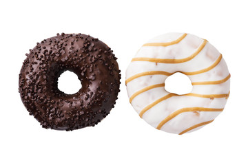 Chocolate and caramel donuts isolated on white background, top view