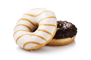 Caramel donut in white glaze, isolated on white background