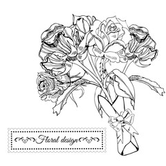 Template for invitation or greeting card  of blossoming monochrome rose flowers. Hand drawn ink  sketch  on white background.