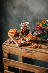 Tasty food photo, tasty cinnamon cookies, holiday decoration. Vertical photo.