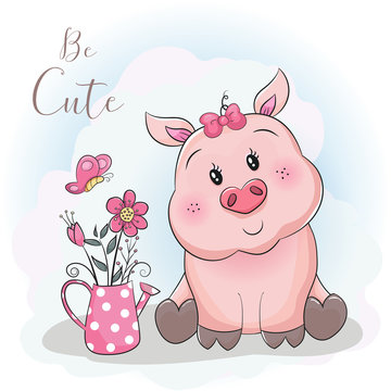 cute cartoon pig and flower with sky background