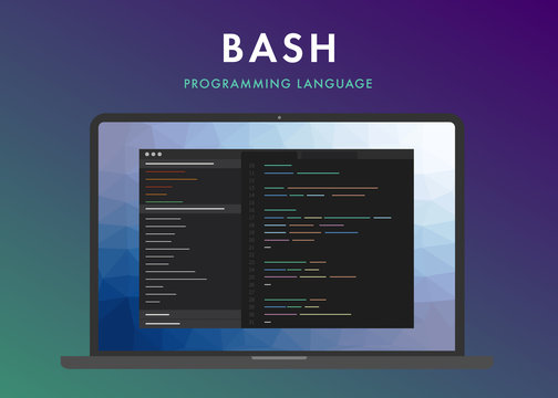 Bash programming language vector icon. Learning concept on the laptop screen code programming. Command line Bash interface with flat design and gradient purple background. 