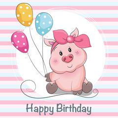 greeting card cute cartoon piggy girl with ballons