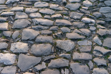 cobblestone street with sun light and grass background