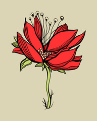 Beutiful style vector illustration of red flower. Great design elements for sticker, card, print or poster. Drawing isolated on grey, beige background. Spring concept 