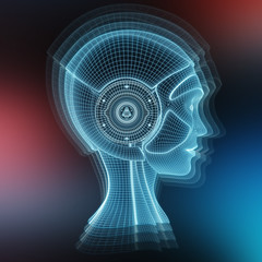 Wireframed robotic woman head representing artificial intelligence 3D rendering