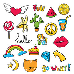 Set of cool stickers, patches with food and summer elements. 