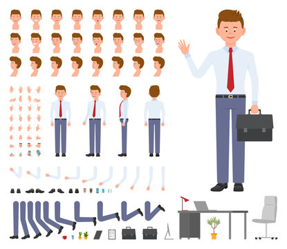 Office manager cartoon character constructor design set. Young adult worker in business clothes with briefcase standing on white background - Vector