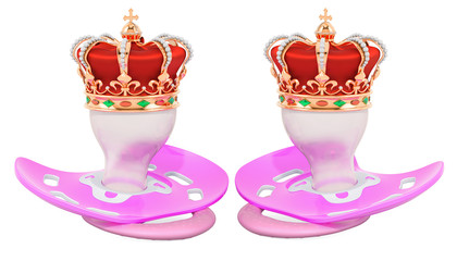 Royal twins concept. Two pink pacifiers with golden crown. 3D rendering