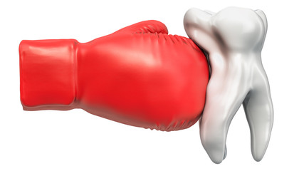 Tooth Pain concept. Tooth with boxing glove. 3D rendering